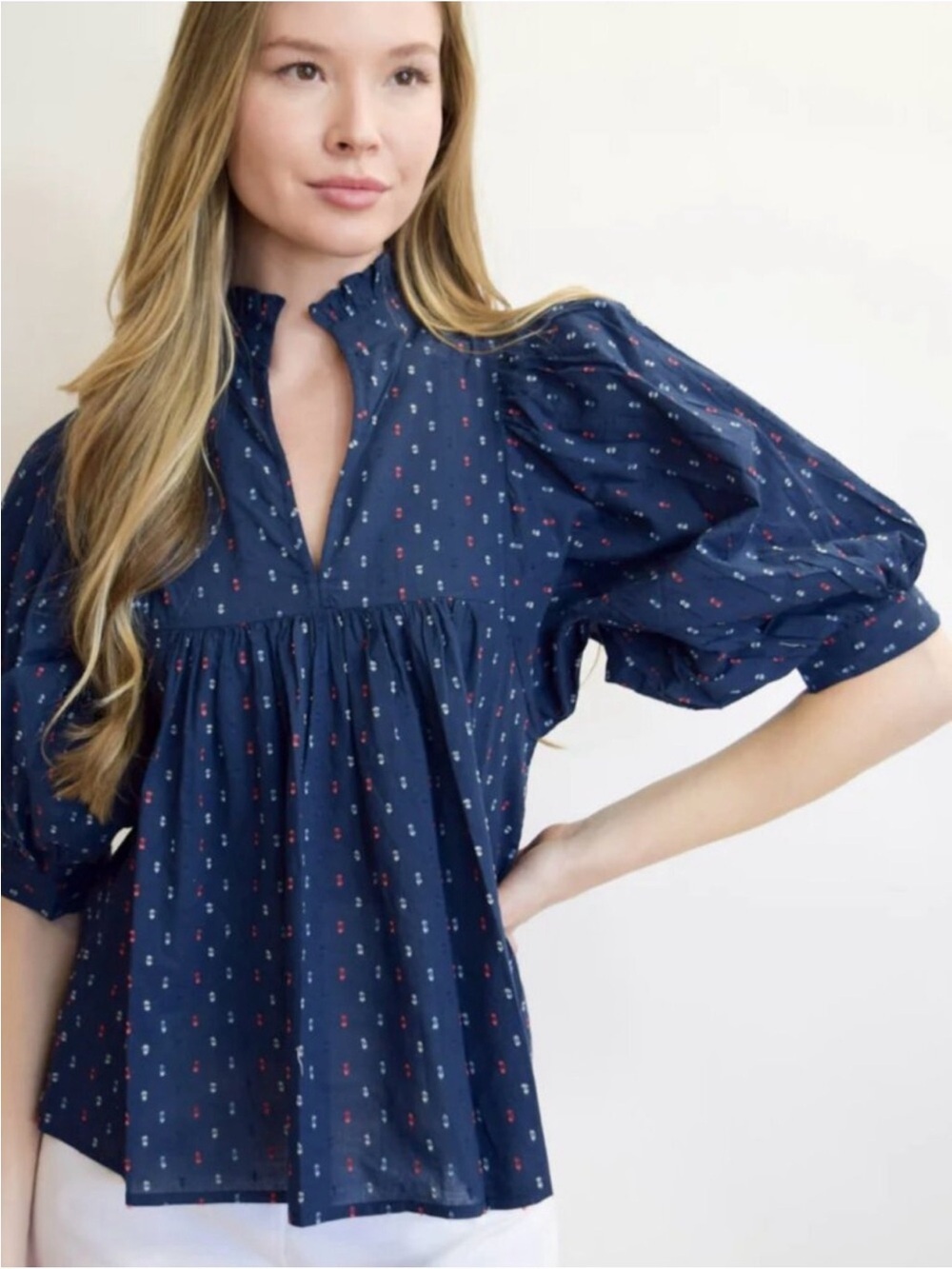 Never A Wallflower High Neck Patriotic Swiss Dot Ballon Sleeve Peasant Top